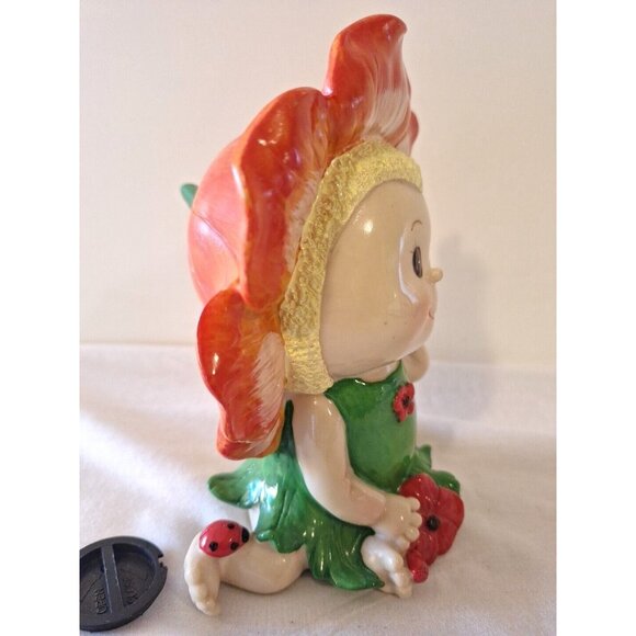 Flower Girl Fairy King Max Piggy Bank Ceramic 6 3/4" Orange Red Green - Picture 2 of 9